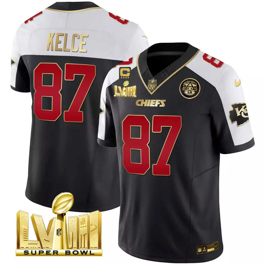 Travis Kelce Black Alternate 2023 Kansas City Chiefs Stitched Vapor Jersey | Super Bowl LVIII Gold Patch | For Men, Women & Youth