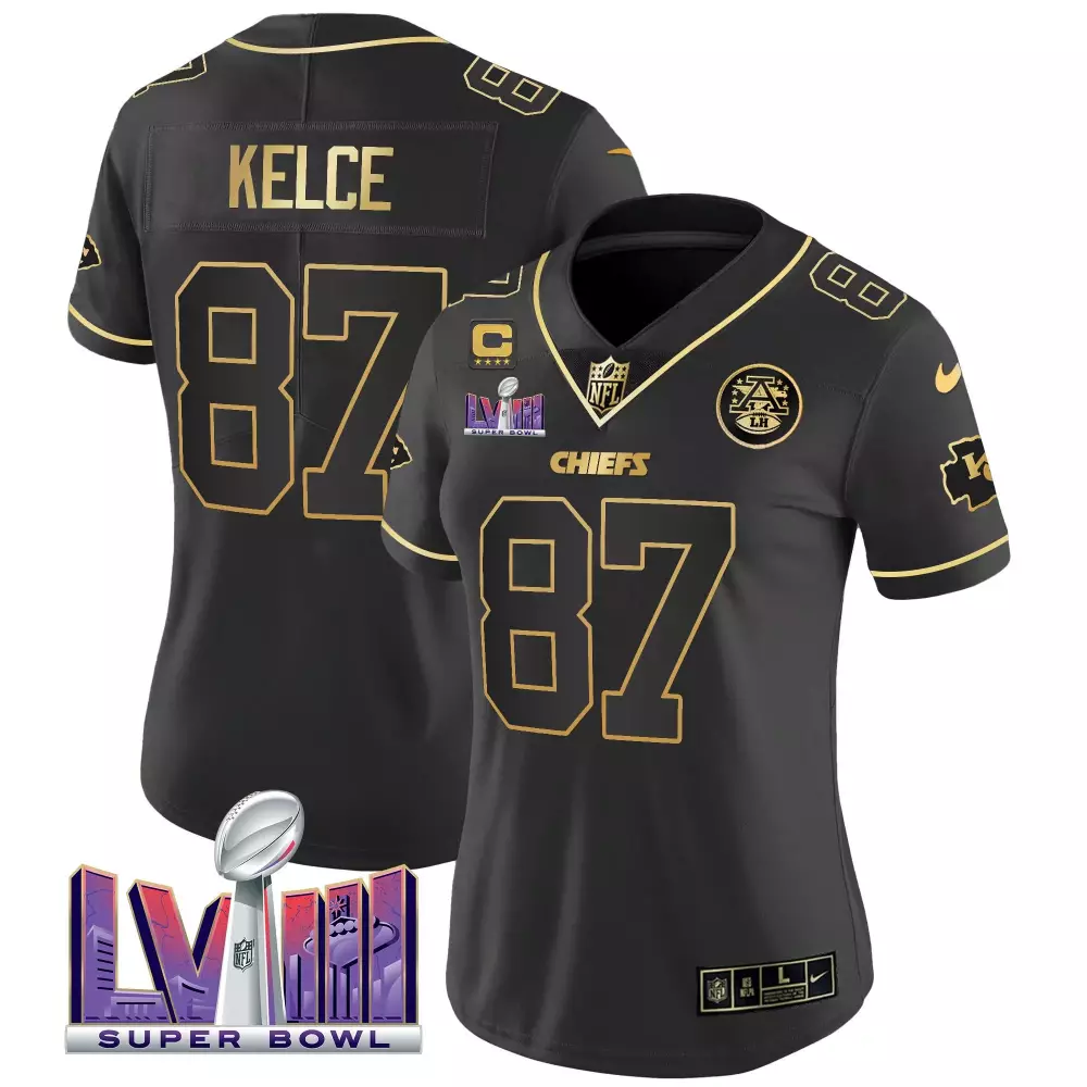 Travis Kelce Black Gold Women's Kansas City Chiefs Super Bowl LVIII Jersey | Stitched Vapor Edition | Fan Gear for Men, Women & Youth