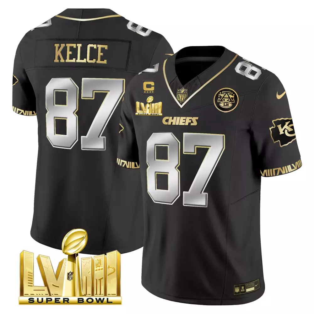 Travis Kelce Kansas City Chiefs 2023 Men's Black Limited Vapor Jersey | Super Bowl LVIII Pattern Gold | All Stitched | For Men, Women & Youth