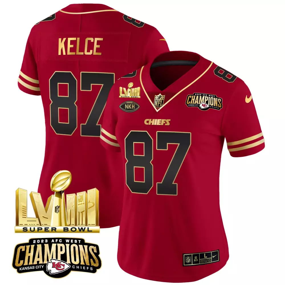 Travis Kelce AFC West Champions Super Bowl LVIII Gold Patch Vapor Jersey | Black & Red Stitched | Limited Edition Fan Gear | For Men, Women & Youth