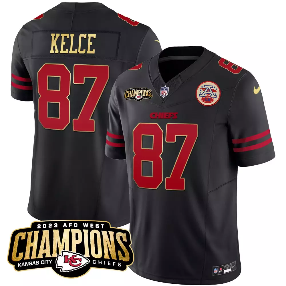 Travis Kelce Kansas City Chiefs 2023 AFC West Champions Gold Trim Jersey | Stitched Vapor Limited Edition | Fan Gear | For Men, Women & Youth