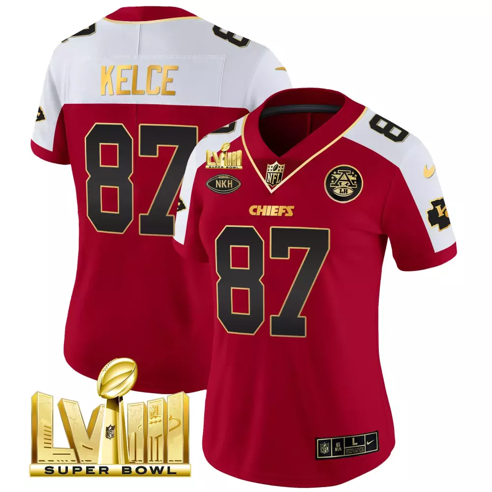 Travis Kelce Kansas City Chiefs Women's Super Bowl LVIII Gold Patch Vapor Jersey V2 | Stitched Fan Gear | For Women & Youth
