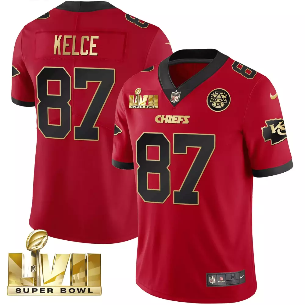 Travis Kelce Kansas City Chiefs 2023 Super Bowl LVII Gold Trim Vapor V2 Jersey | Stitched Fan Gear | For Men, Women & Youth