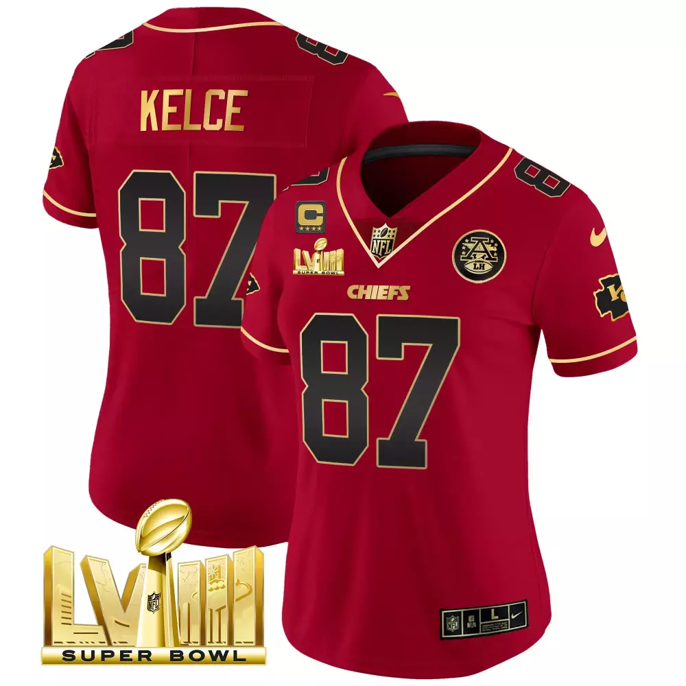 Travis Kelce Kansas City Chiefs Super Bowl LVIII Gold Patch Vapor Jersey | Stitched | Fan Gear for Women