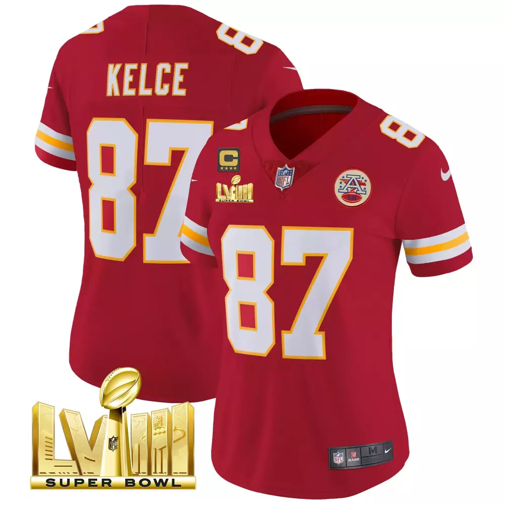 Travis Kelce Red Women's Kansas City Chiefs Super Bowl LVIII Jersey | Stitched Gold Patch Vapor | Limited Edition Fan Gear | For Men, Women & Youth