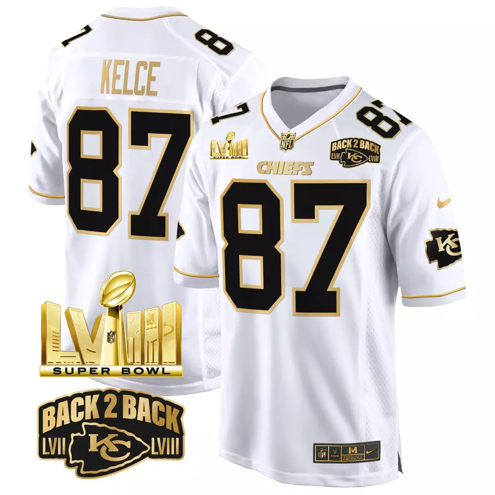 Travis Kelce Kansas City Chiefs Super Bowl LVIII Back 2 Back Gold Jersey | Stitched White & Gold | Limited Edition Fan Gear | For Men, Women & Youth
