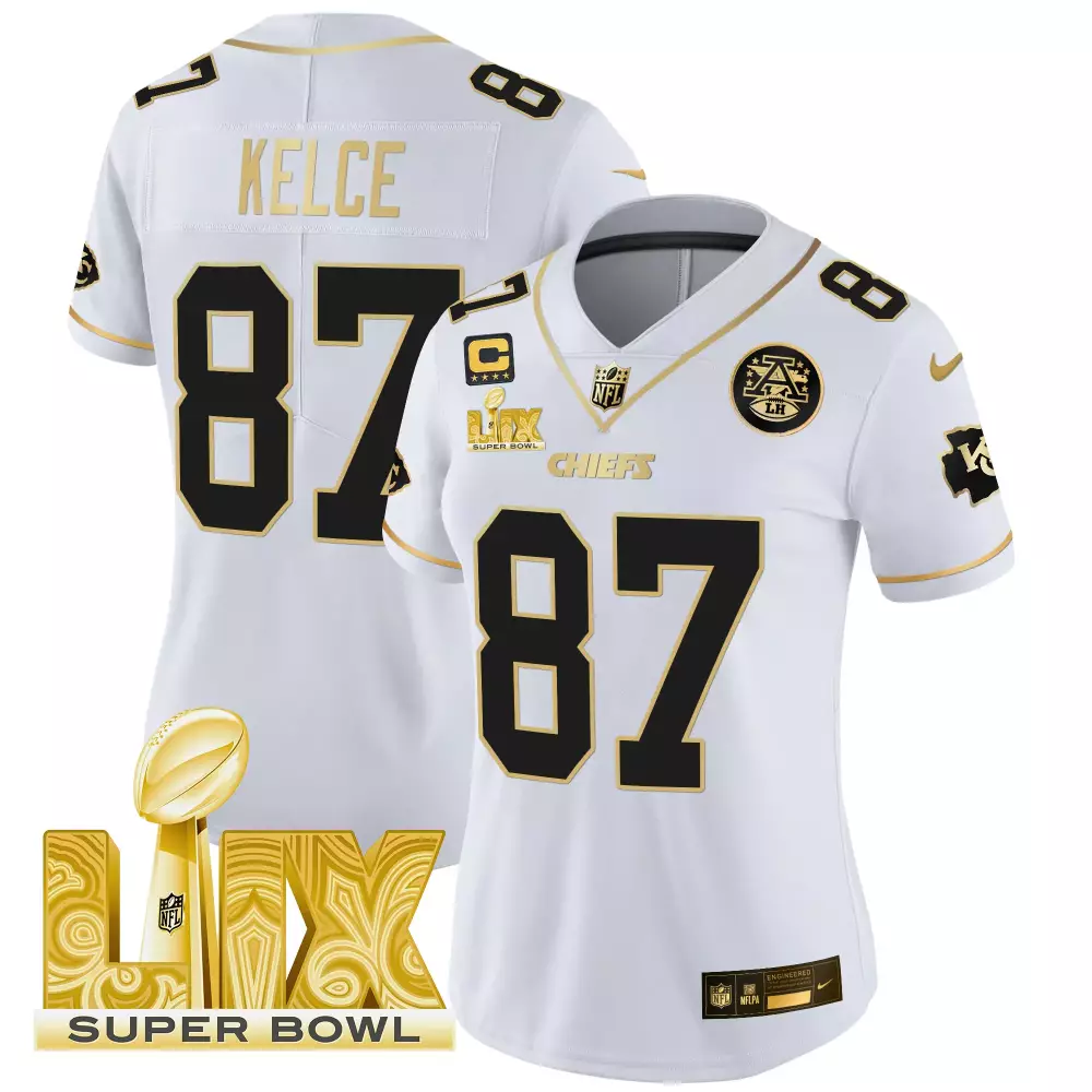 Travis Kelce Kansas City Chiefs Women's Super Bowl LIX Patch Gold Vapor Limited Jersey | Stitched White & Gold | For Women