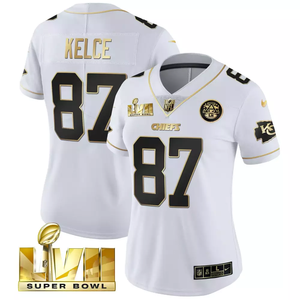 Travis Kelce Kansas City Chiefs Women's Super Bowl Vapor Gold Jersey | Stitched White & Gold | For Women