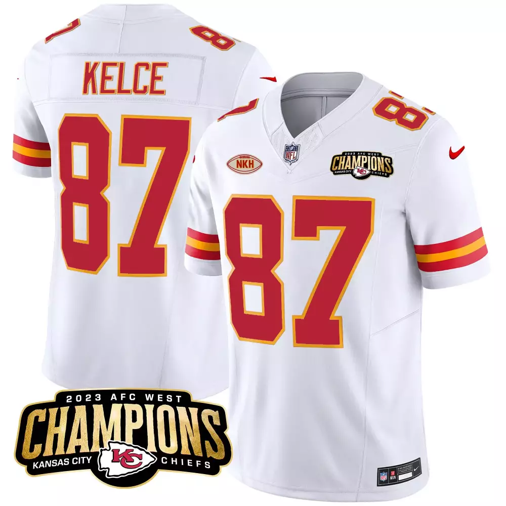Travis Kelce Kansas City Chiefs Men's 2023 AFC West Champions Patch Vapor Limited Jersey | Stitched White & Gold | For Men