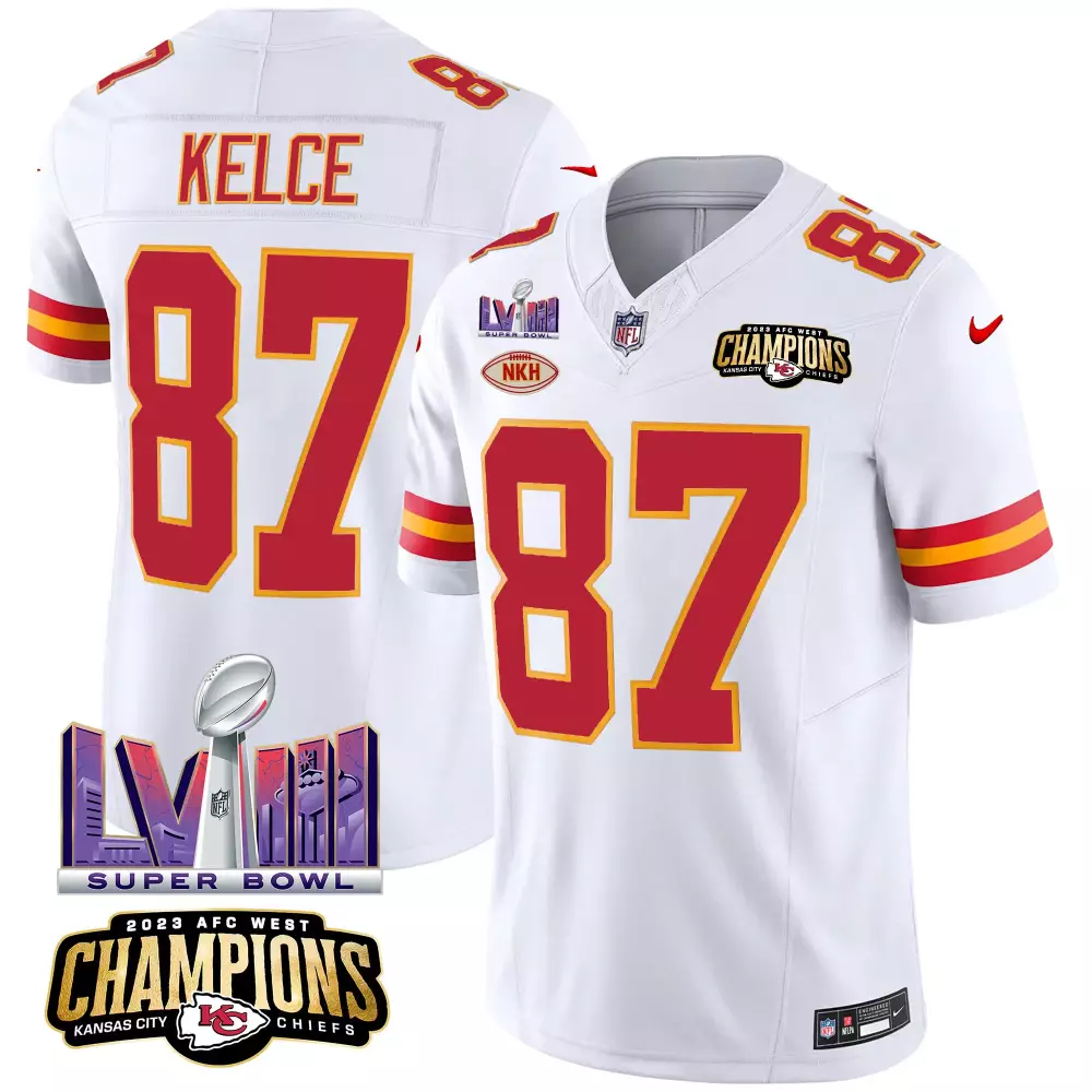 Travis Kelce Kansas City Chiefs AFC West Champions Super Bowl LVIII Patch Vapor Jersey | Stitched White Limited Edition Fan Gear | For Men, Women & Youth