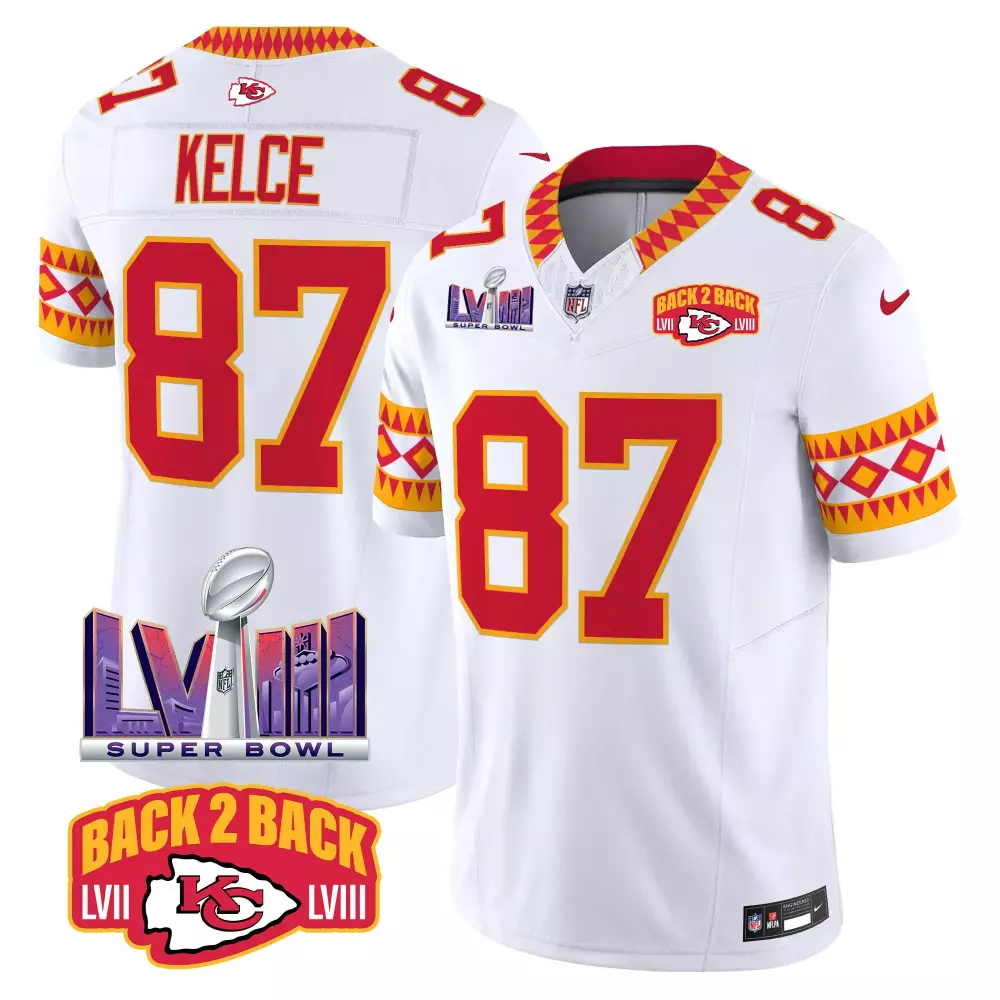 Travis Kelce Kansas City Chiefs Super Back 2 Back Patch Vapor Jersey | Stitched White Limited Edition Fan Gear | For Men, Women & Youth