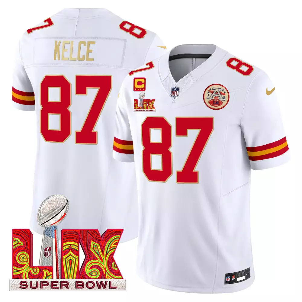 Travis Kelce Kansas City Chiefs Super Bowl LIX Patch Vapor Jersey | Stitched White Limited Edition Fan Gear | For Men, Women & Youth