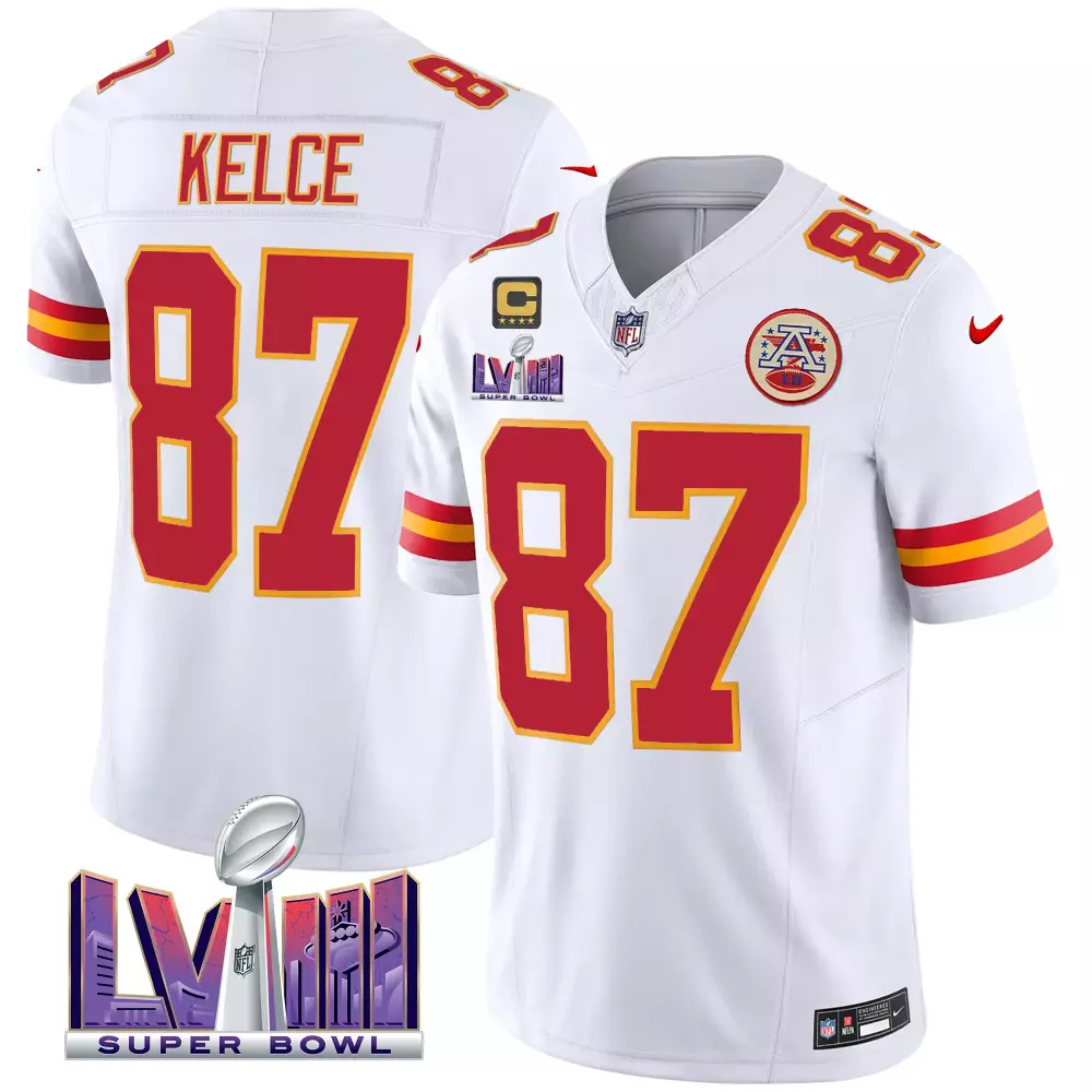 Travis Kelce Kansas City Chiefs Super Bowl LVIII Patch Vapor Jersey | Stitched White | Limited Edition Fan Gear | For Men, Women & Youth