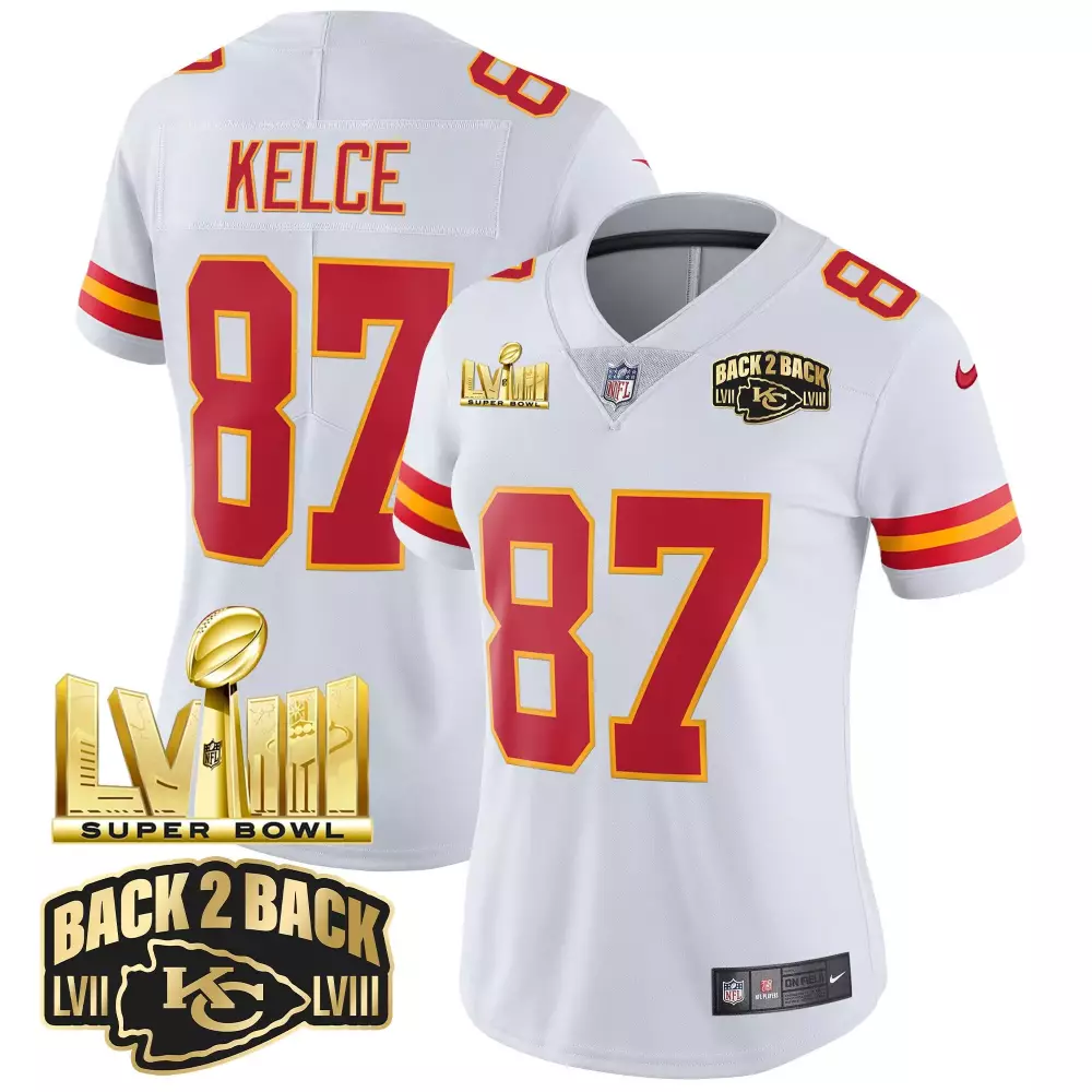 Travis Kelce Kansas City Chiefs Super Bowl LVIII Back 2 Back Gold Patch Vapor Jersey | Stitched White | Limited Edition Fan Gear | For Men, Women & Youth