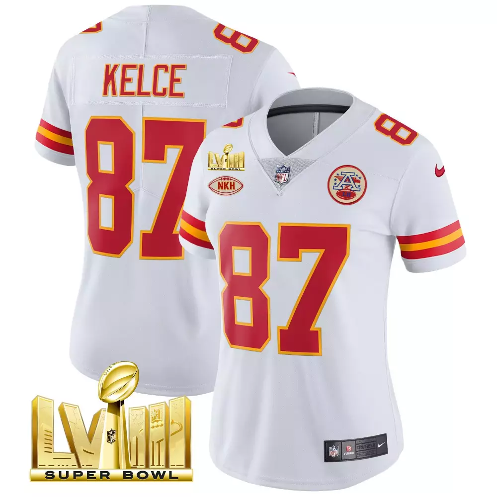 Travis Kelce Kansas City Chiefs Super Bowl LVIII Gold Patch Vapor Jersey V2 | Stitched White | Limited Edition Fan Gear | For Men, Women & Youth
