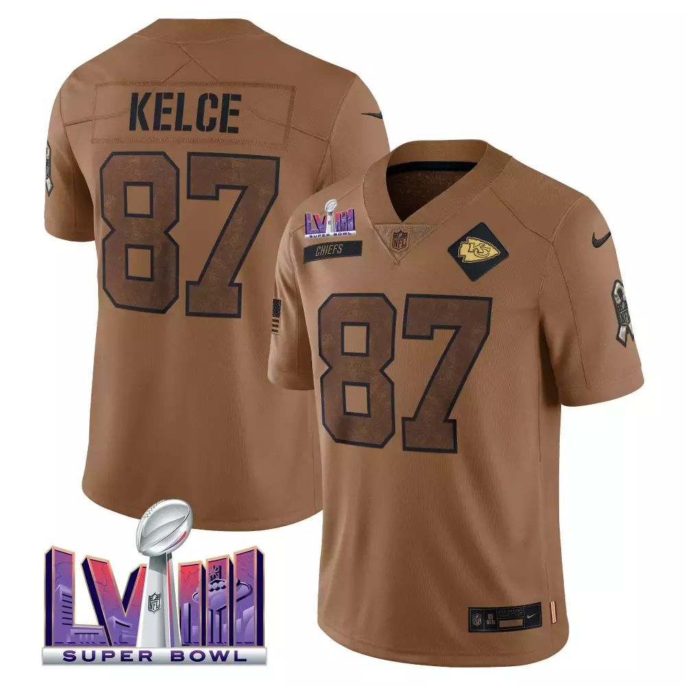 Travis Kelce Youth Kansas City Chiefs Super Bowl LVIII Patch Salute to Service Brown Limited Jersey | All Stitched | Fan Gear for Men, Women & Youth