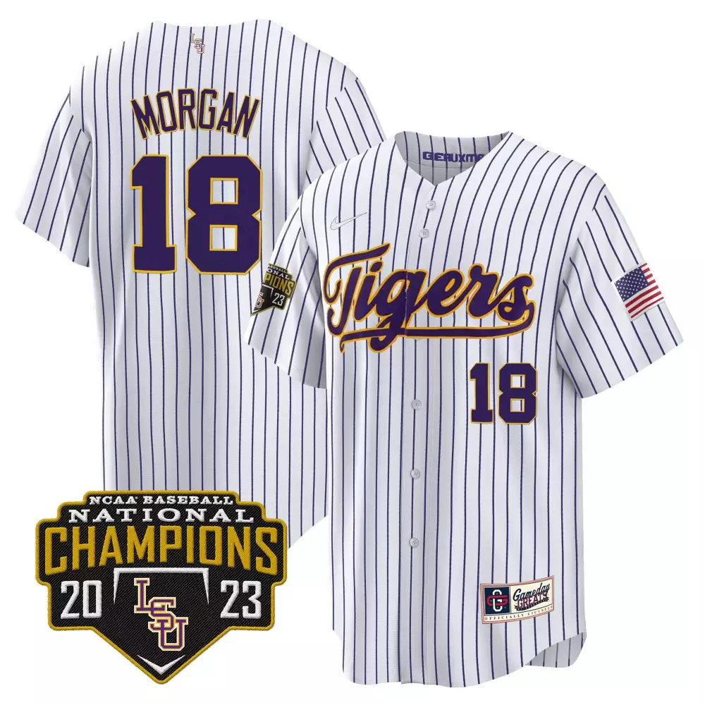 Tre Morgan LSU Tigers 2023 National Champions Gold Pinstripe Jersey V5 | All Stitched Cool | Fan Gear for Men, Women & Youth
