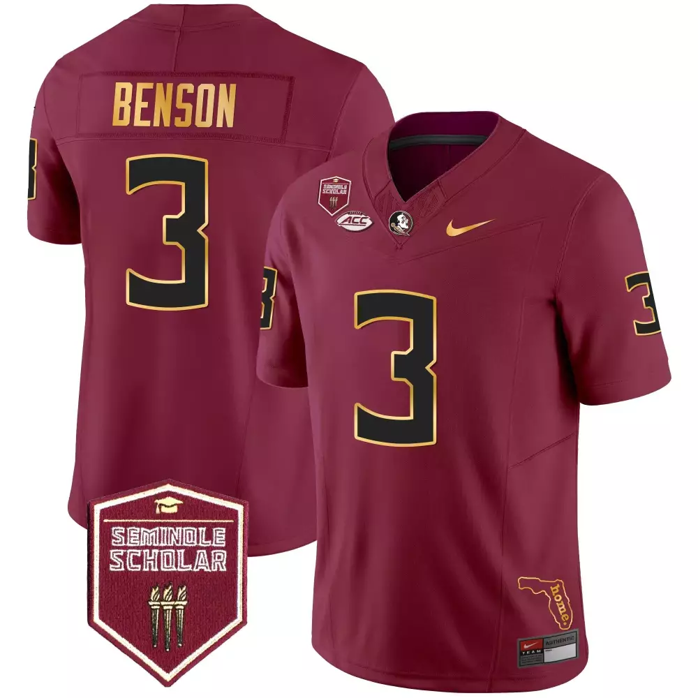 Trey Benson Garnet Men's Gold Trim Vapor Jersey | Florida State Seminoles Stitched Fan Gear for Men