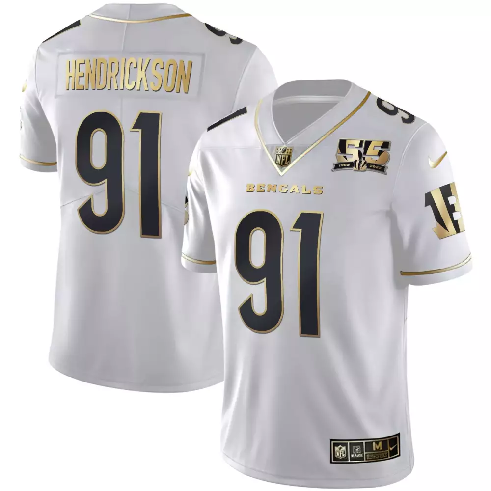 Trey Hendrickson Cincinnati Bengals 55th Anniversary Patch Jersey | White Gold Black Gold Stitched Limited Edition | For Men, Women & Youth