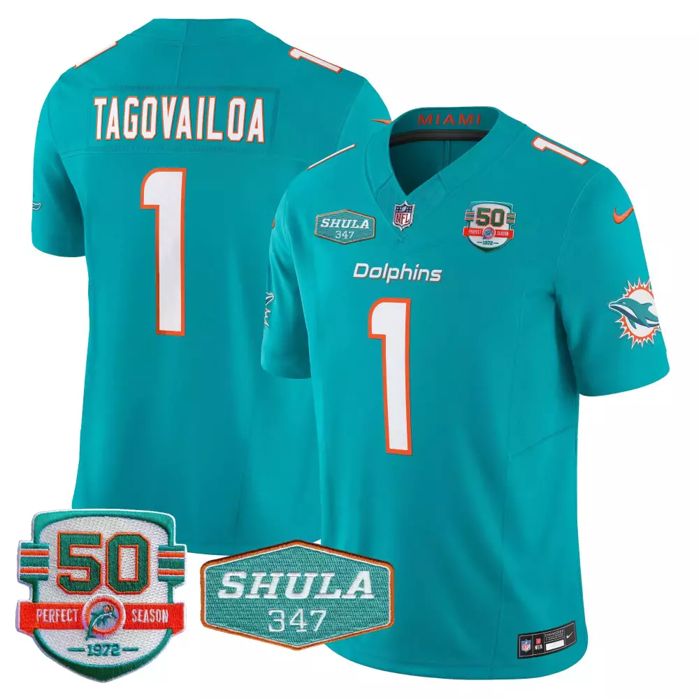 Tua Tagovailoa Aqua Men's Jersey | Miami Dolphins Shula 347 Patch Limited | Stitched Fan Gear | For Men, Women & Youth