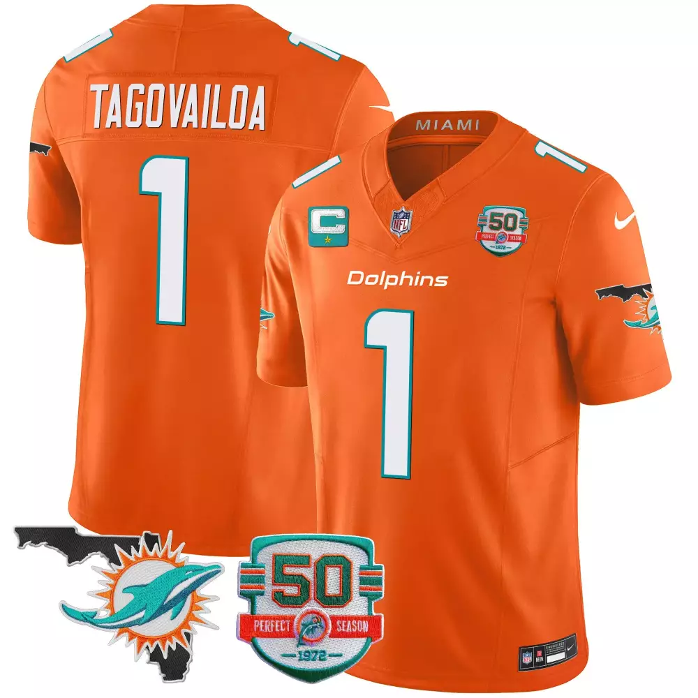 Tua Tagovailoa Miami Dolphins 50th Perfect Season Florida Patch Jersey | Orange Vapor Style | Limited Edition Fan Gear for Men, Women & Youth