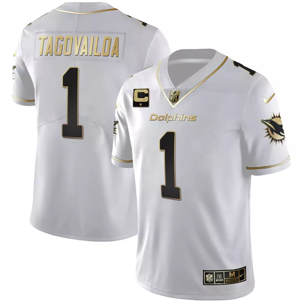 Tua Tagovailoa Miami Dolphins White Gold Jersey | All Stitched Fan Gear | For Women & Youth