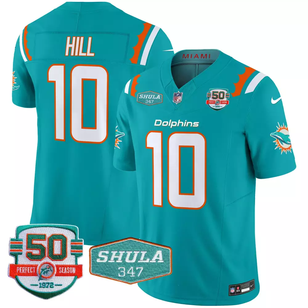 Tyreek Hill Aqua Men's Miami Dolphins 50th Don Shula 347 Memorial Patch Vapor Limited Jersey | Stitched Fan Gear | For Men