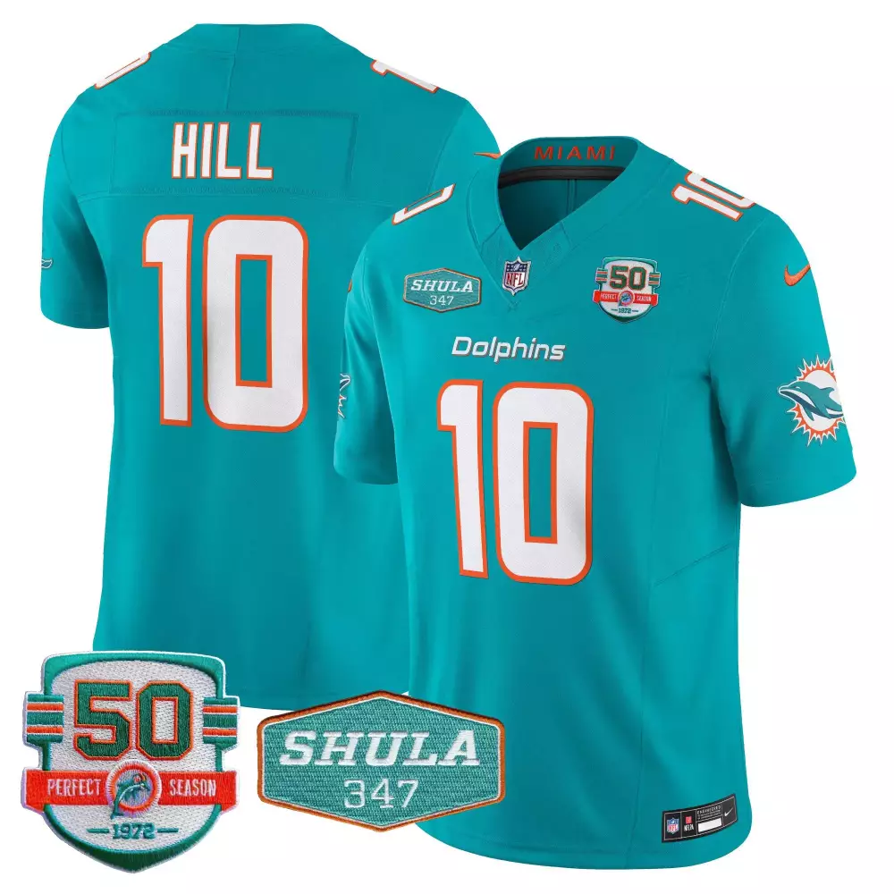 Tyreek Hill Aqua Men's Miami Dolphins Shula 347 Patch Vapor Limited Jersey V2 | Stitched Fan Gear | For Men