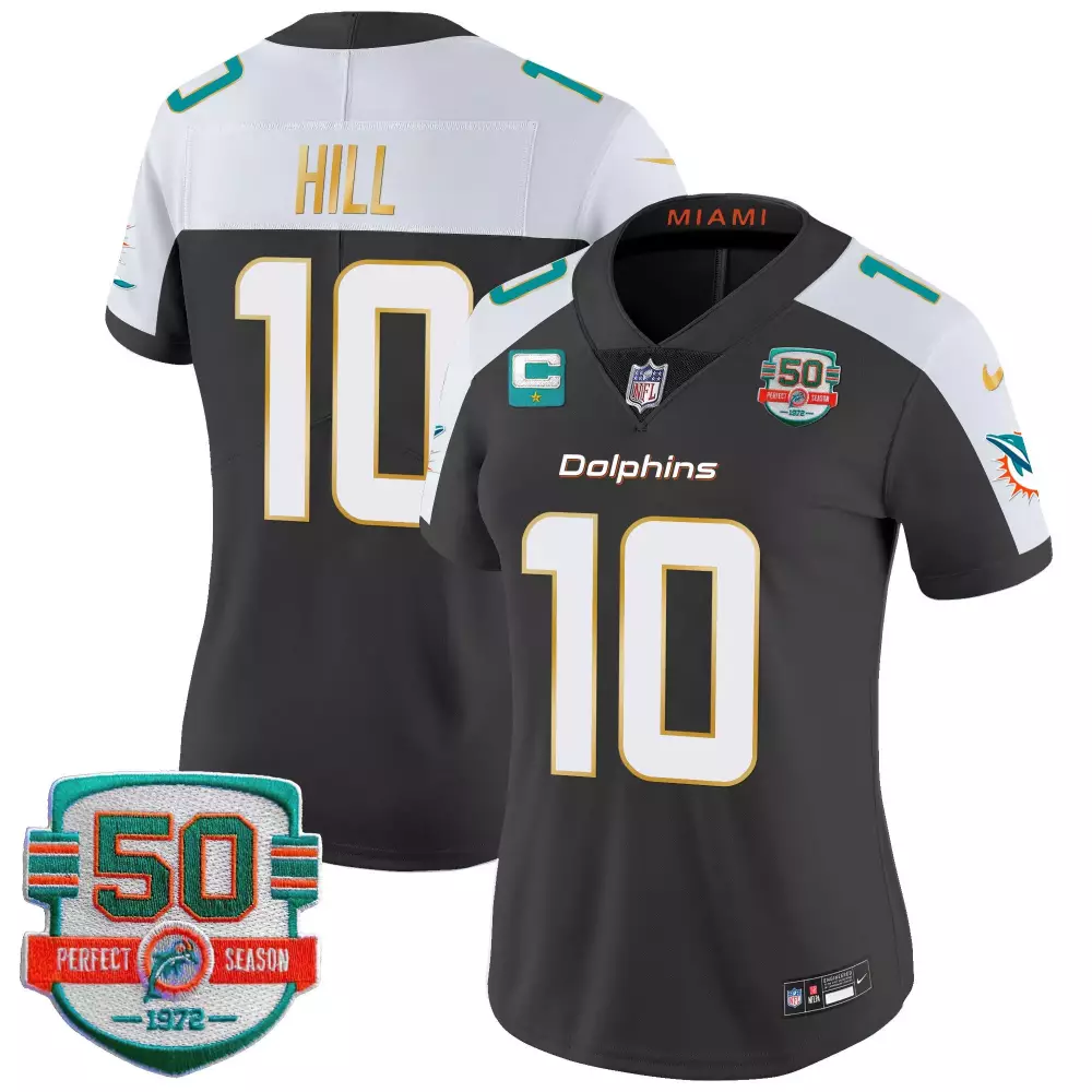 Tyreek Hill Miami Dolphins Black Alternate Women's Vapor Limited Jersey | Gold Trim Stitched Fan Gear for Women & Youth