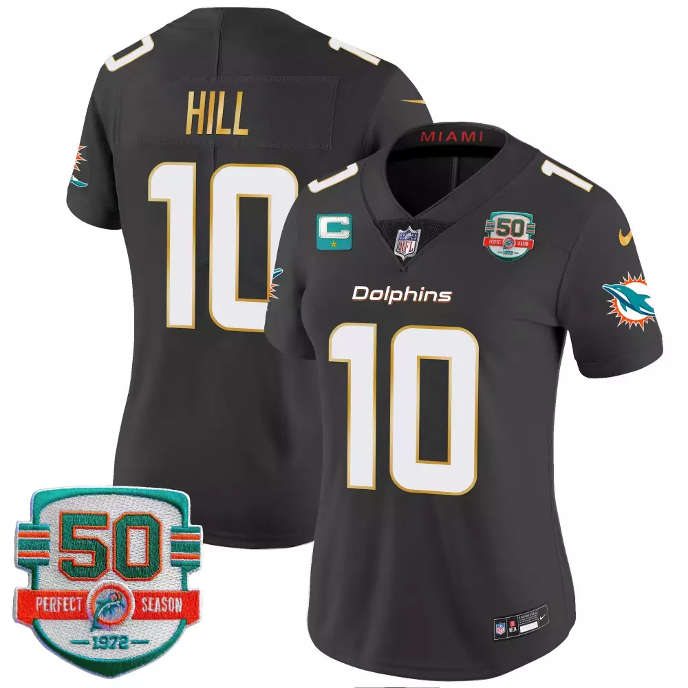 Tyreek Hill Miami Dolphins Black Women's Vapor Limited Jersey | Gold Trim Stitched | Fan Gear for Game Day | For Men, Women & Youth