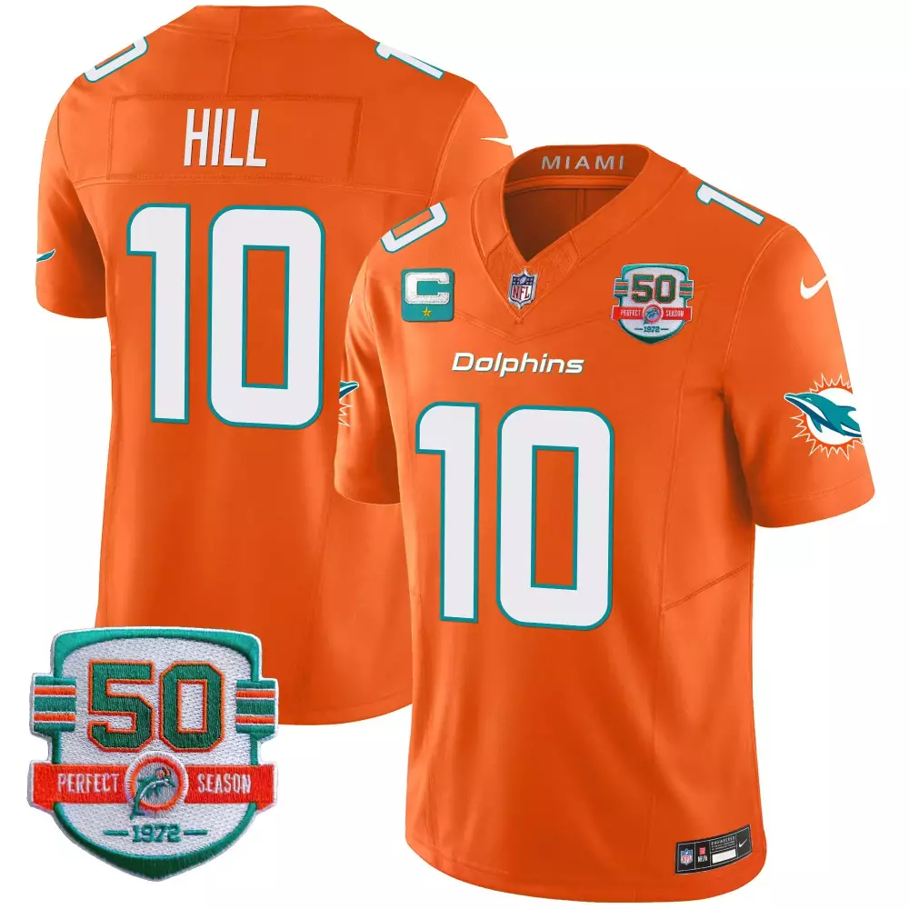 Tyreek Hill Miami Dolphins Youth 50th Perfect Season Patch Jersey | Orange Stitched Vapor Style | Limited Edition Fan Gear | For Men, Women & Youth