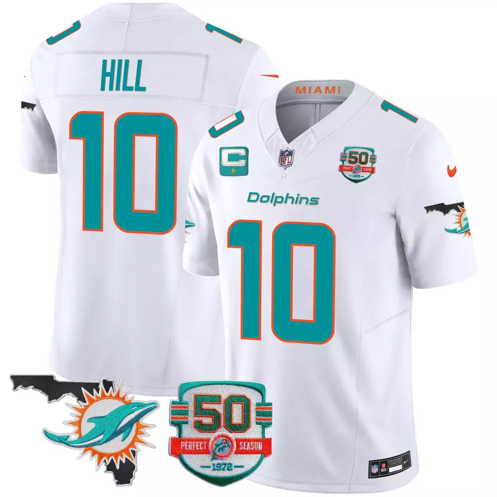 Tyreek Hill White Men's Miami Dolphins 50th Perfect Season Florida Patch Vapor Jersey | All Stitched | Limited Edition Fan Gear | For Men, Women & Youth
