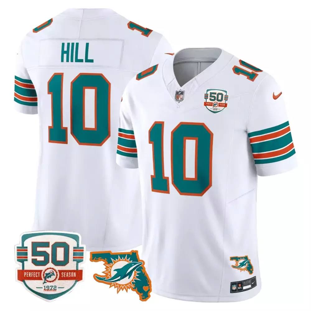Tyreek Hill White Men's Miami Dolphins Throwback 50th Perfect Season Florida Patch Vapor Jersey | All Stitched | Limited Edition Fan Gear | For Men, Women & Youth