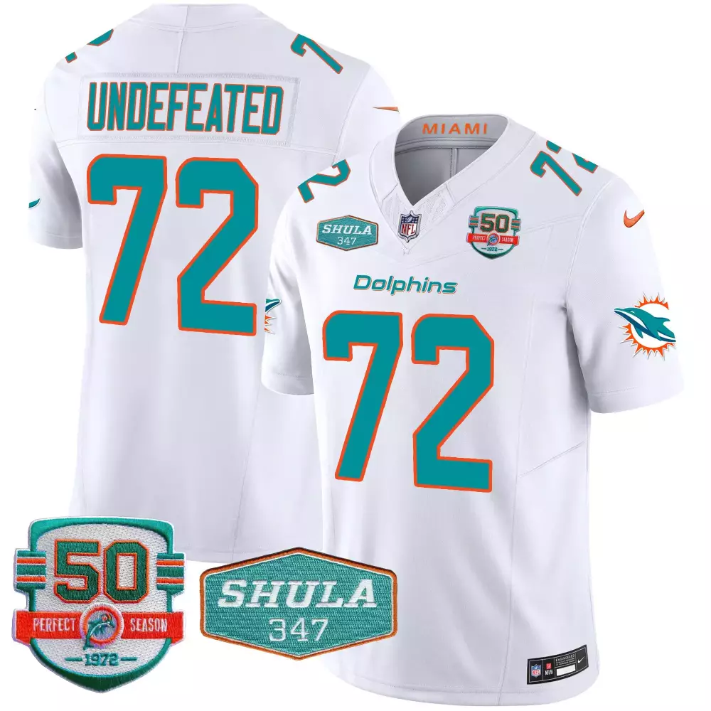 Miami Dolphins Men's Undefeated White Shula 347 Patch Vapor Jersey | All Stitched | Replica Fan Gear for Game Day | For Men, Women & Youth