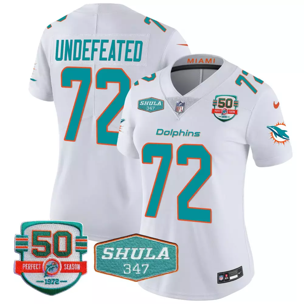 Miami Dolphins Women's Undefeated White Shula 347 Patch Vapor Jersey | All Stitched | Replica Fan Gear for Game Day | For Men, Women & Youth