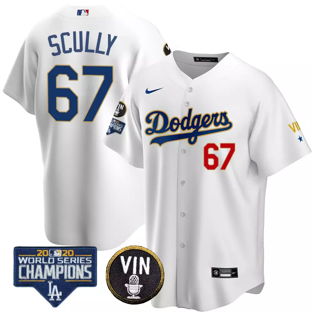 Vin Scully Cool White Dodgers World Series Vin Scully Patch Gold Jersey | Stitched Fan Gear | For Men, Women & Youth