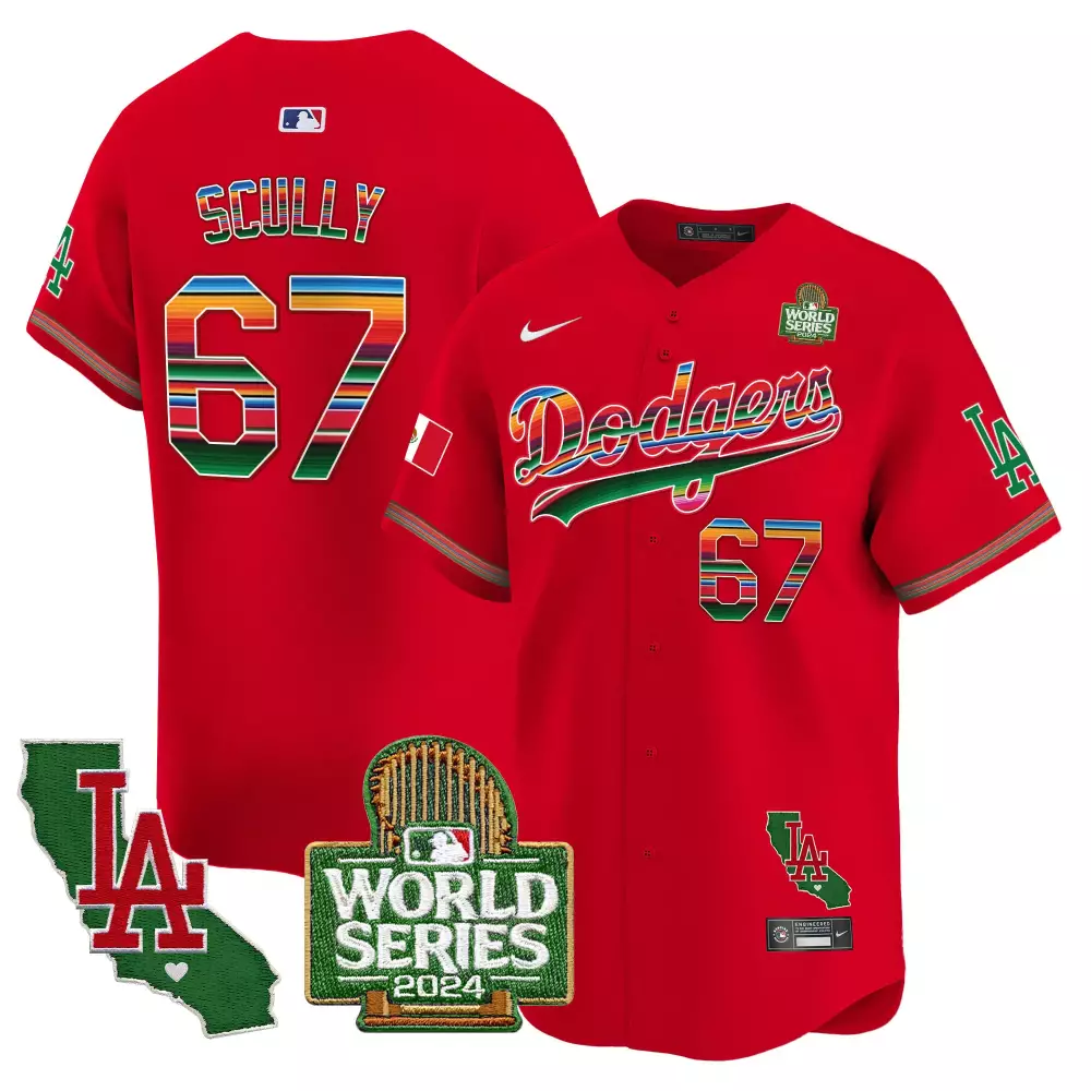 Vin Scully Red Men's Dodgers Mexico Aztec Calendar Vapor Premier Jersey | Printed | For Men