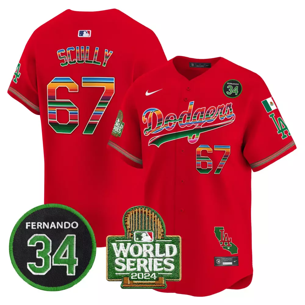 Vin Scully Dodgers Mexico Fernando Memorial 2024 World Series Patch Jersey | Red Vapor Premier | Limited Edition for Men, Women & Youth