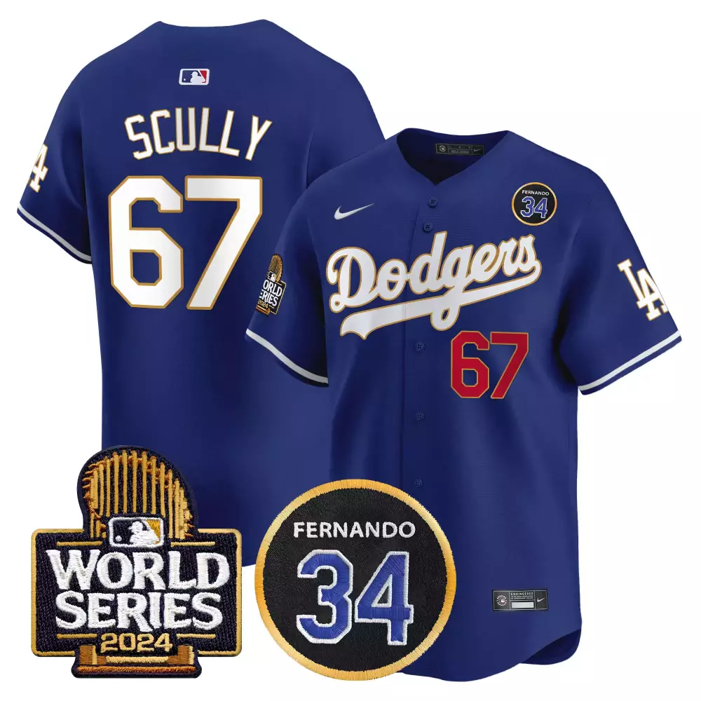 Vin Scully Royal Men's Dodgers Fernando Valenzuela Memorial 2024 World Series Jersey | Premier Stitched | For Men, Women & Youth