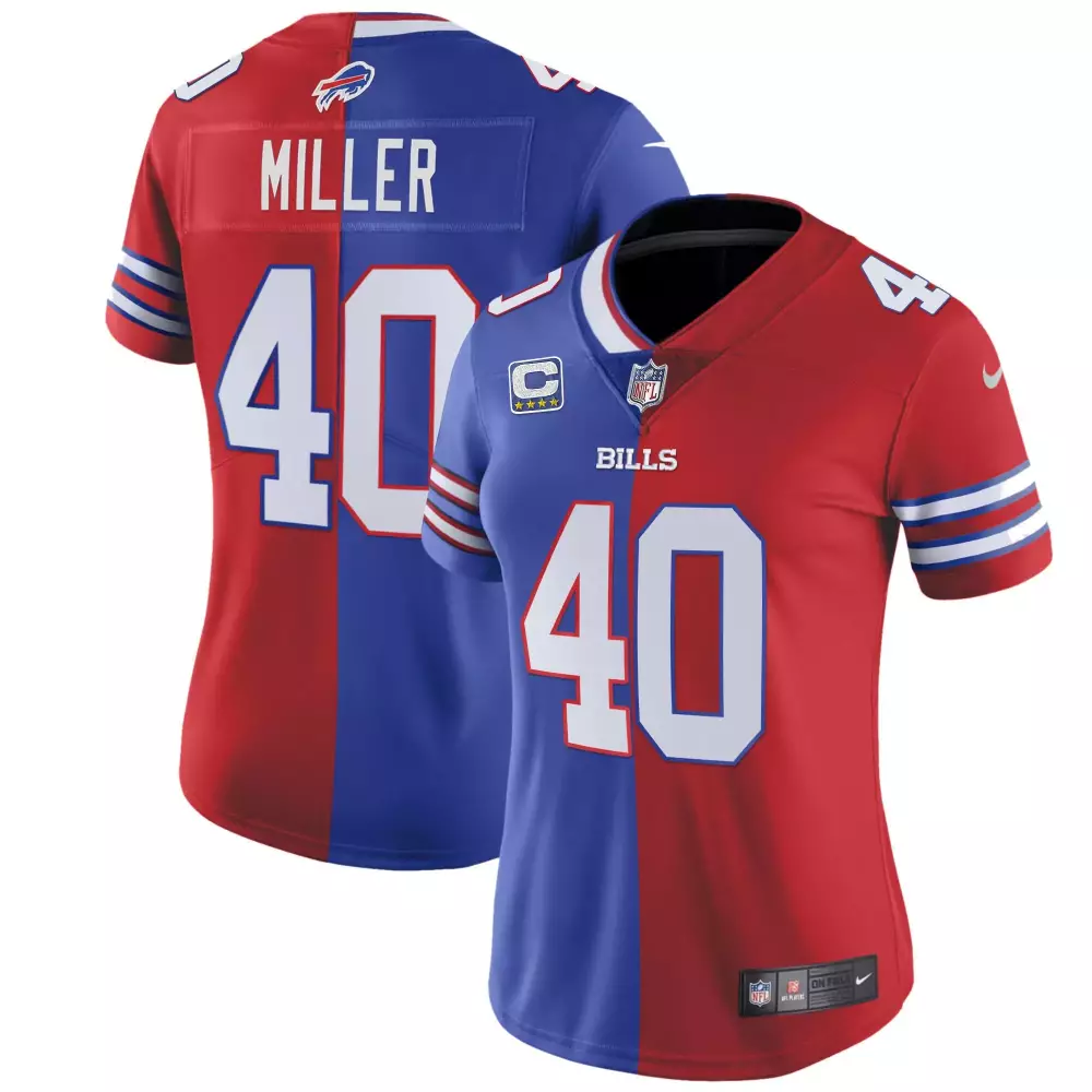 Von Miller Buffalo Bills Split Royal Red Women's Jersey | Stitched Design with Gold Accents | Fan Gear for Game Day | For Men, Women & Youth