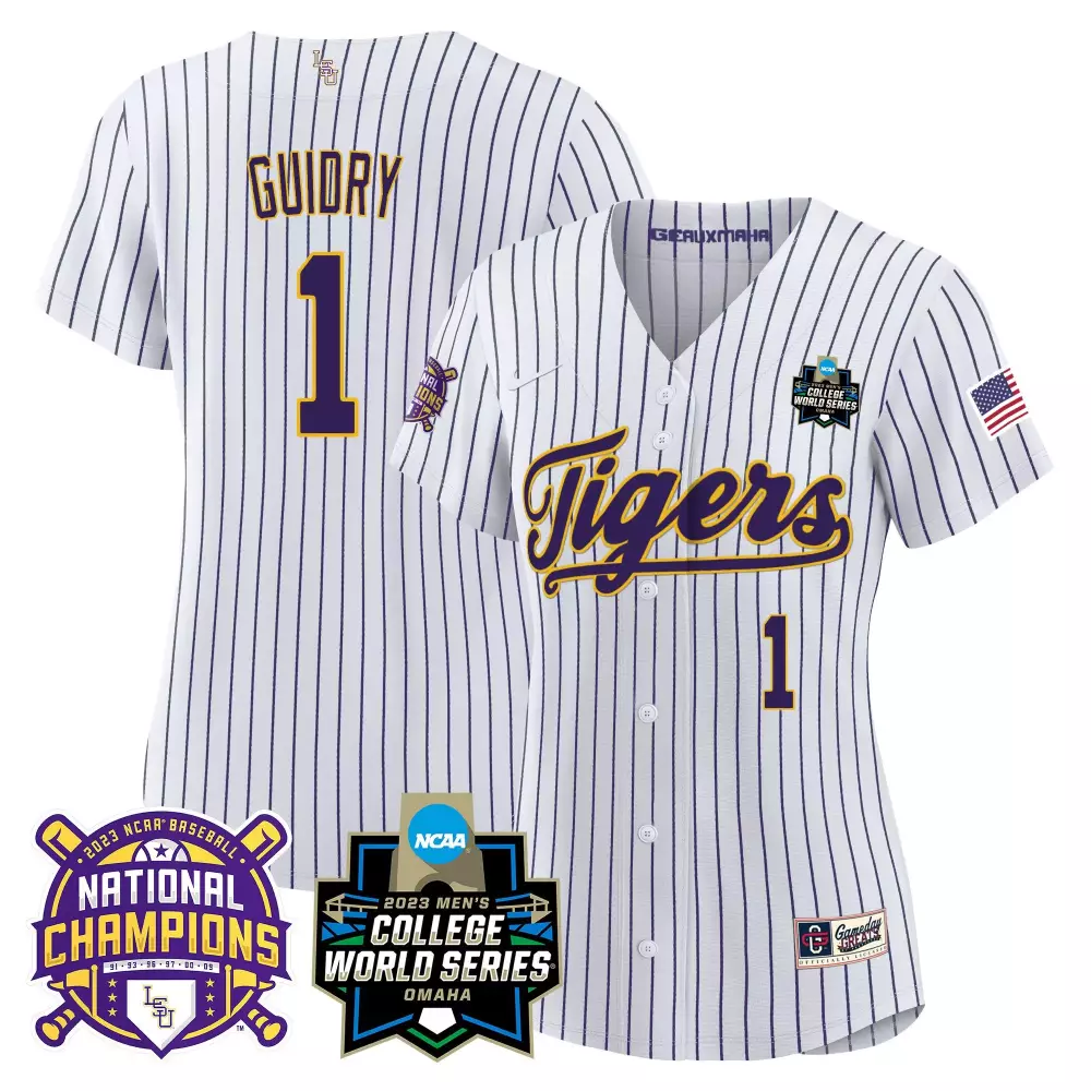 Weylin Guidry LSU Tigers 2023 National Champions Pinstripe Gold Jersey V3 | Stitched Fan Gear for Women | For Men, Women & Youth