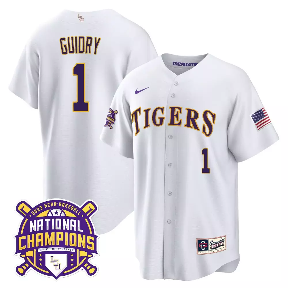 Weylin Guidry LSU Tigers 2023 National Champions White Jersey | Gold Stitched Fan Gear | For Men, Women & Youth