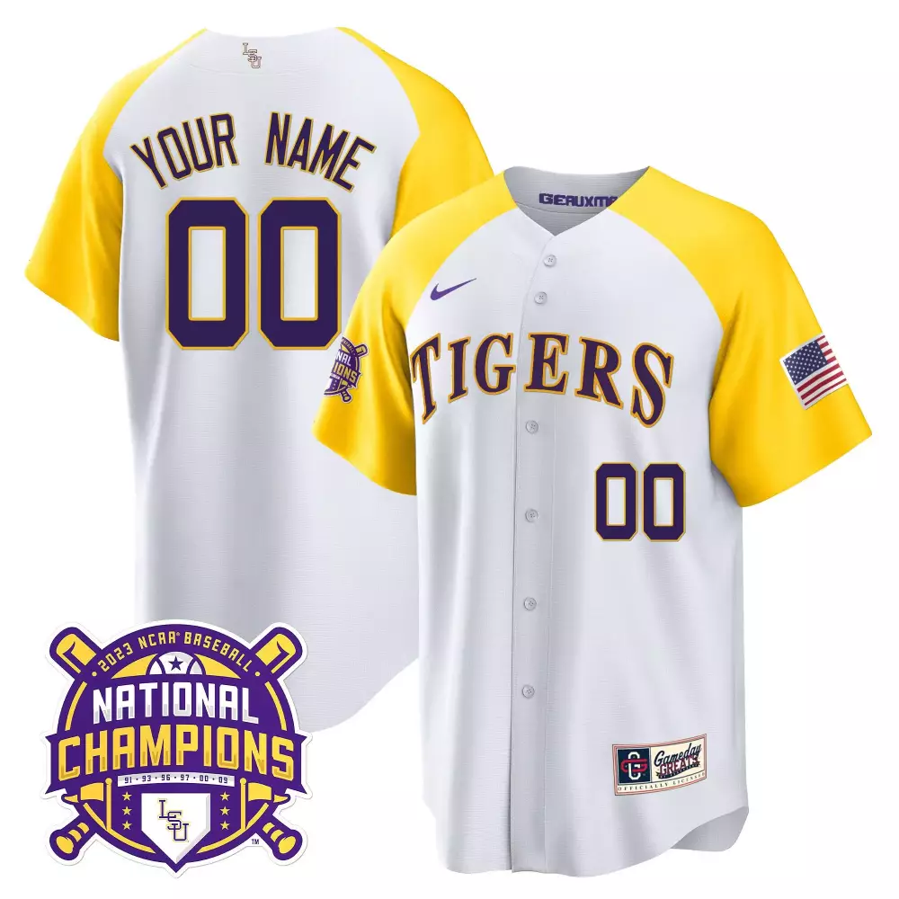 LSU Tigers 2023 National Champions White Alternate Jersey | Custom Color Sleeves | All Stitched Fan Gear | For Men, Women & Youth