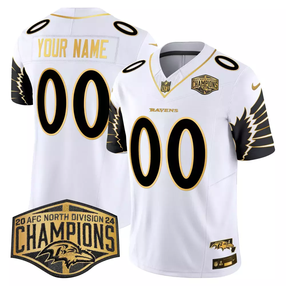 Baltimore Ravens 2024 AFC North Champions Jersey | White Gold Maryland Patch | Limited Custom Gear for Men