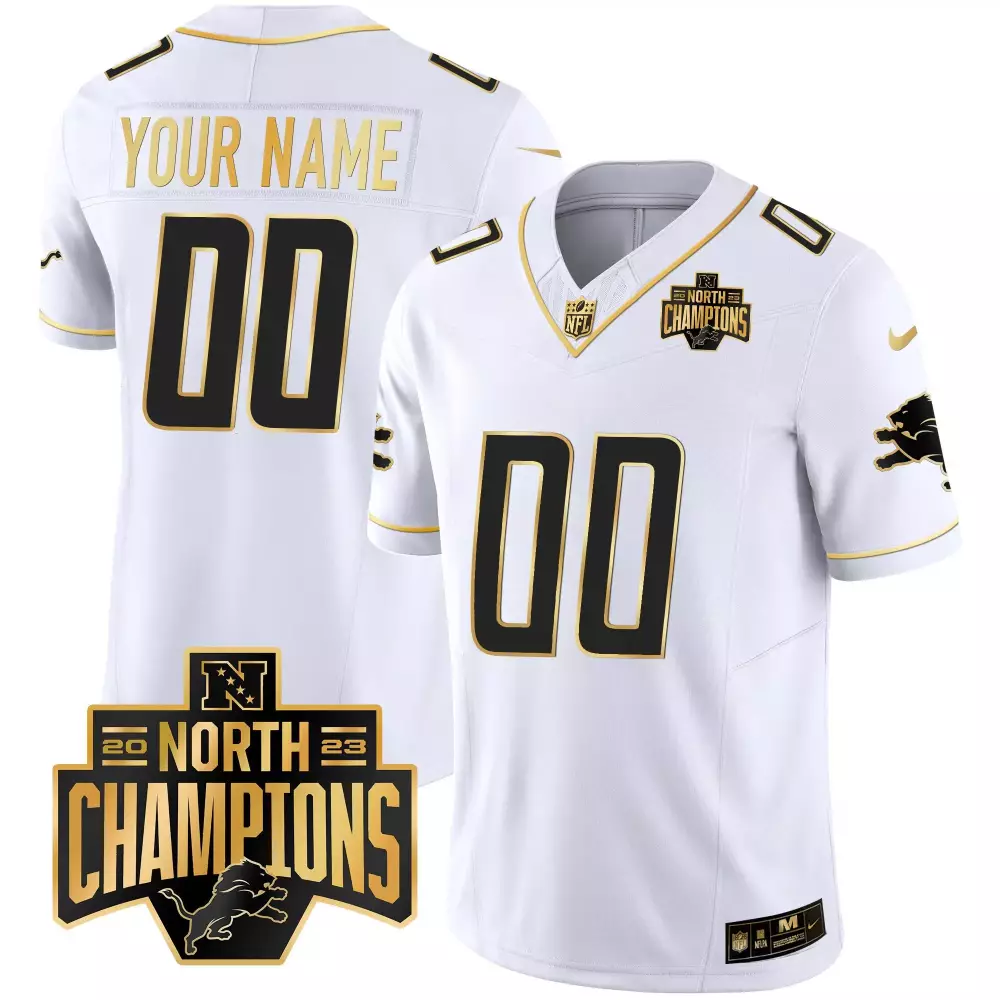 White Gold Men's Detroit Lions 2023 NFC North Division Champions Gold Vapor Custom Jersey | Stitched Fan Gear | For Men, Women & Youth