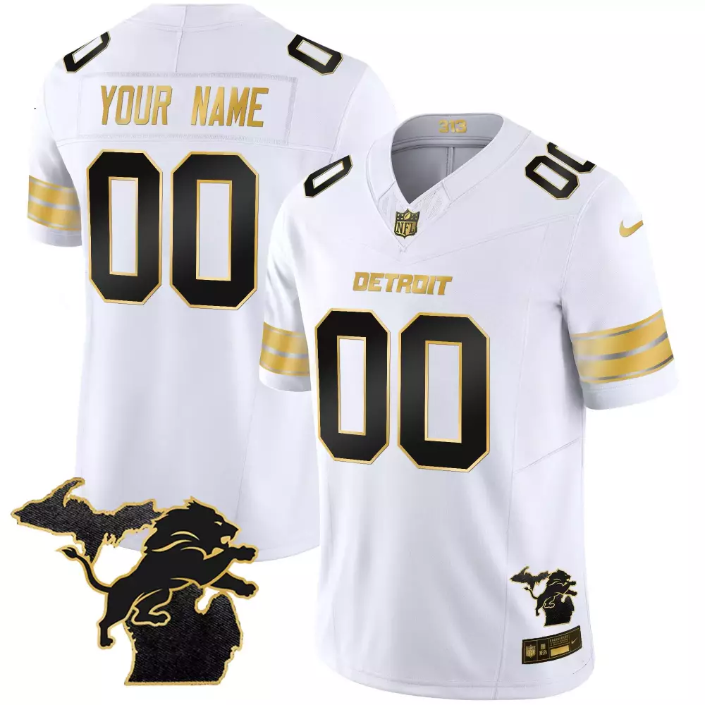 White Gold Men's Detroit Lions 2024 Michigan Patch Gold Vapor Custom Jersey | Stitched Fan Gear | For Men, Women & Youth