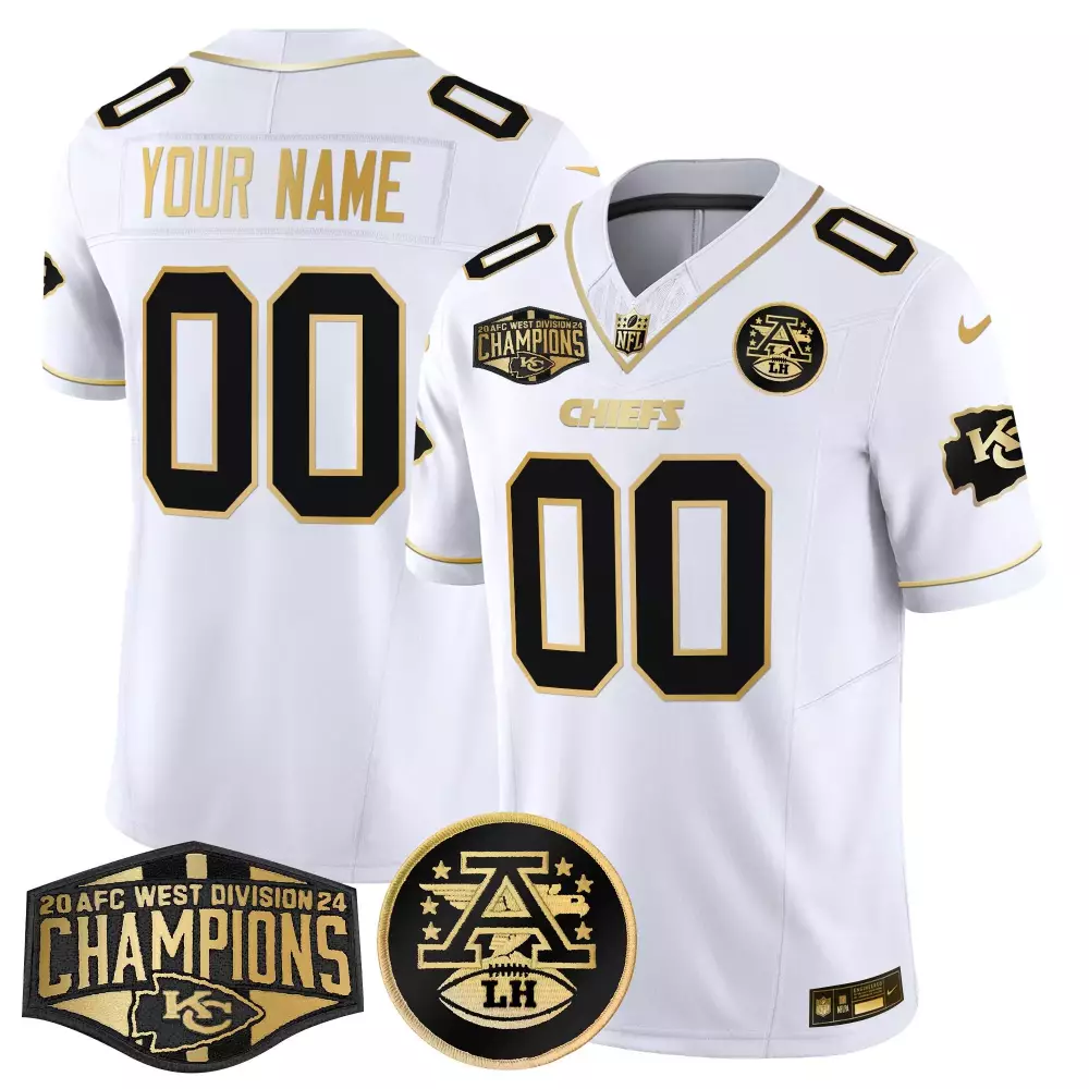 White Gold Kansas City Chiefs 2024 AFC West Division Champions Patch Gold Vapor Limited Custom Jersey | Stitched | Fan Gear | For Men, Women & Youth