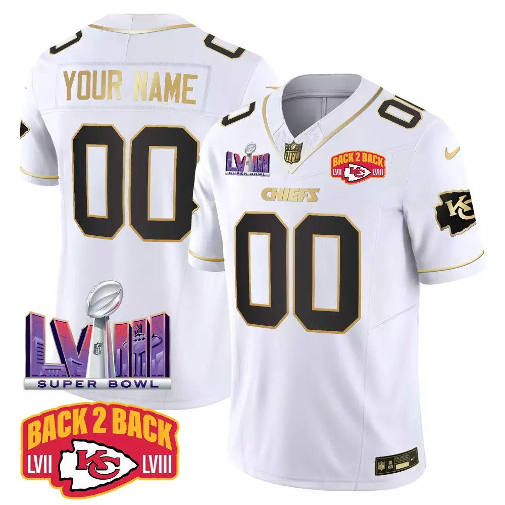 White Gold Kansas City Chiefs Super Bowl LVIII Back 2 Back Patch Vapor Custom Jersey | Stitched | Limited Edition Fan Gear | For Men, Women & Youth