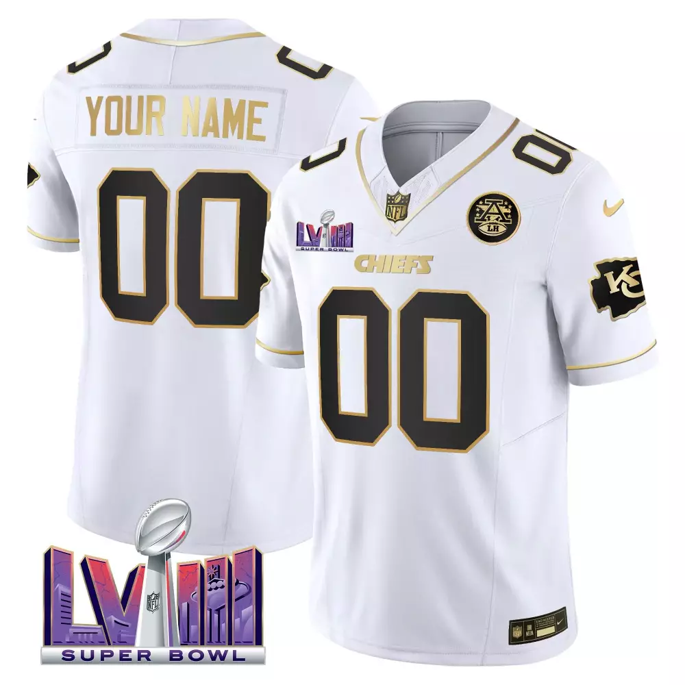 White Gold Kansas City Chiefs Super Bowl LVIII Patch Vapor Custom Jersey | Stitched | Limited Edition Fan Gear | For Men, Women & Youth