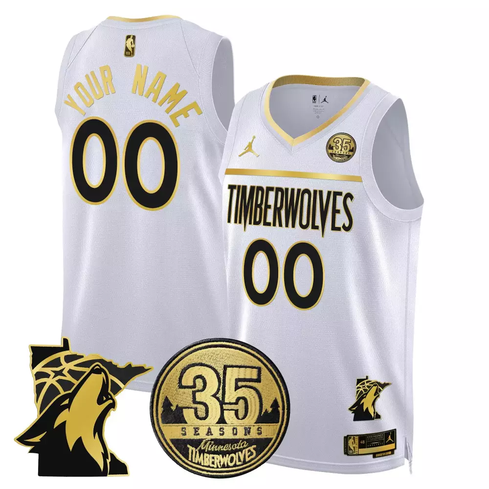 Minnesota Timberwolves 35th Season Custom Swingman Jersey | White Gold Stitched | Limited Edition Fan Gear | For Men, Women & Youth